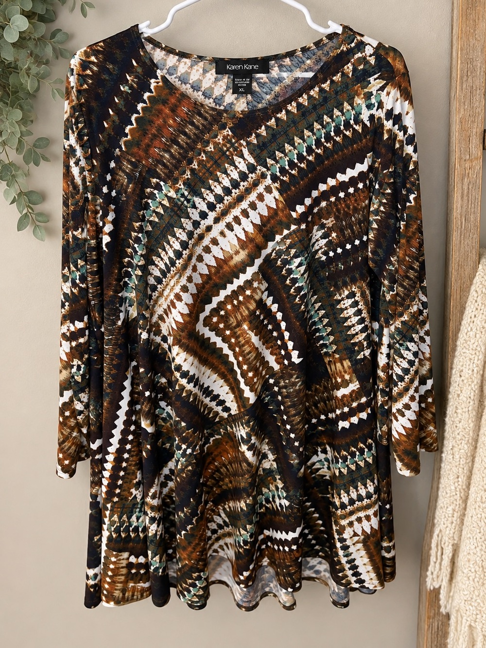 Karen Kane XL Abstract Print 3/4 Sleeve Swing Tunic Dress Made in USA